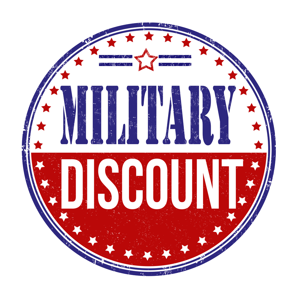red, white and blue circular Military discount logo